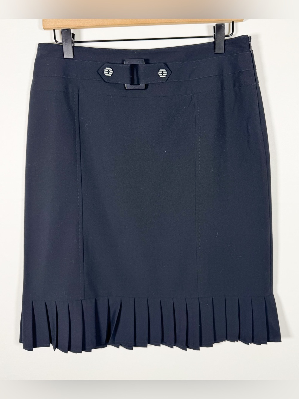SHARAGANO Dark Navy Classic Ruffle Hem Tailored Pencil Skirt Buckle Detail Sz 6